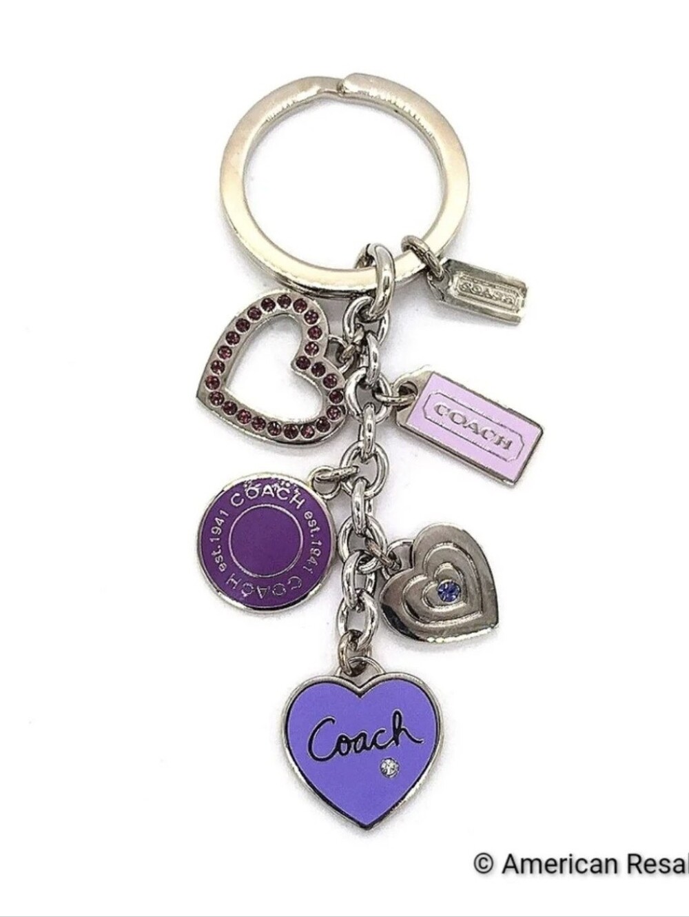 COACH Vintage Triple Heart Crystals Key Fob Keychain Purse Charm